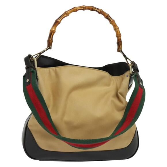 GUCCI Bamboo Web Sherry Line Bag Canvas Beige Gold Red 001 001 - Picture 1 of 16